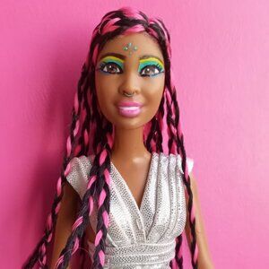 Custom Barbie Pink & Black cornrows braids doll Ooak